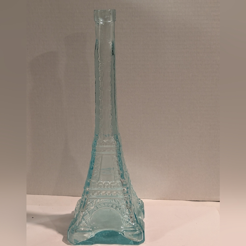 Vintage Green Glass Eiffel Tower Bottle Decanter Just Under 14" Tall